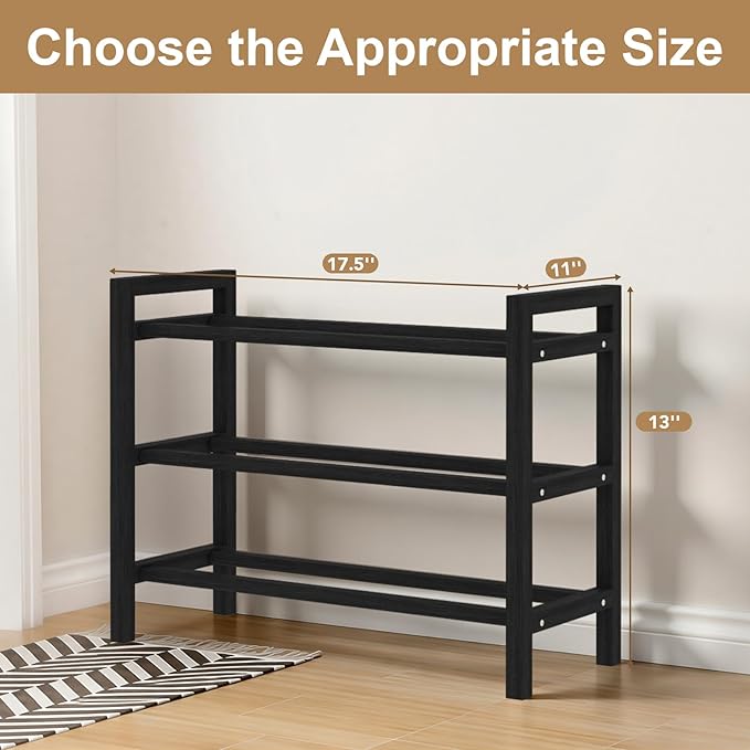 Haddockway Bamboo Shoe Rack for Closet, Free Standing Shoe Organizer with Smooth Round Rods & Convenient Handles, Stackable Shoe Storage Shelf for Entryway, Hallway(Black, 3-Tier(Small))