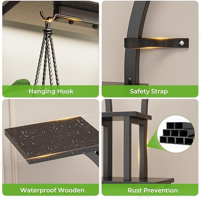 Elbourn 8 Tiered 60" Plant Stand Indoor Shelf with 3 Grow Lights (Black) | Corner Shelf Decor