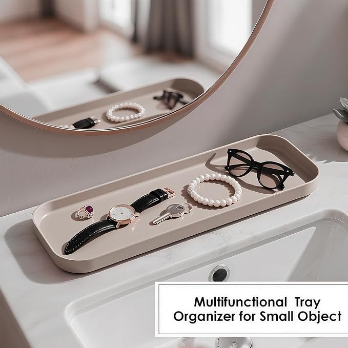 Beige Bathroom Accessories Set, 10 Pieces Bamboo Bathroom Set with Trash Can, Tray, Soap Dispenser, Soap Dish, Toothbrush Holder, Toothbrush Cup, Tissue Holder, Toilet Brush and Qtip Holders