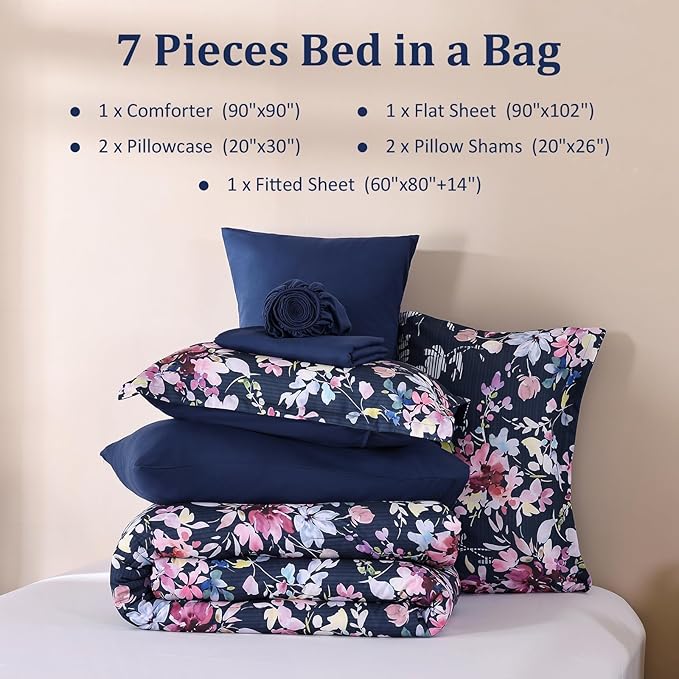 Dobuyly Queen Comforter Set, 7 Pieces Navy Blue Floral Comforter Set, Bed in a Bag Queen with Botanical Flowers Pattern, All Season Farmhouse Queen Size Bedding Set with Sheets, Pillowcases & Shams
