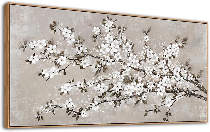 VEAEE White Blossom Branches Wall Art, Floral Canvas Prints, Living Room Decor Abstract Flowers Painting Canvas Pictues, Contemporary Artwork Bedroom Office Kitchen Wall Decor Ready to Hang 20"x40"