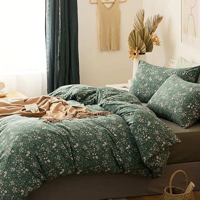 EAVD Vintage Style Floral Duvet Cover Twin Soft Jersey Knit Cotton Chic Floral Bedding Set for Girls Women Reversible Green Floral Comforter Set with Zipper Closure 4 Ties