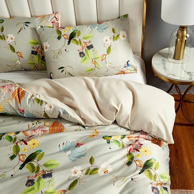 mixinni Garden Style Floral Birds 3 Pieces Duvet Cover King Size Green Leaves Pattern Printed Soft Cotton Comforter Cover with 2 Pillowcases with Zipper Closure for Him and Her-(3pcs, King Size)