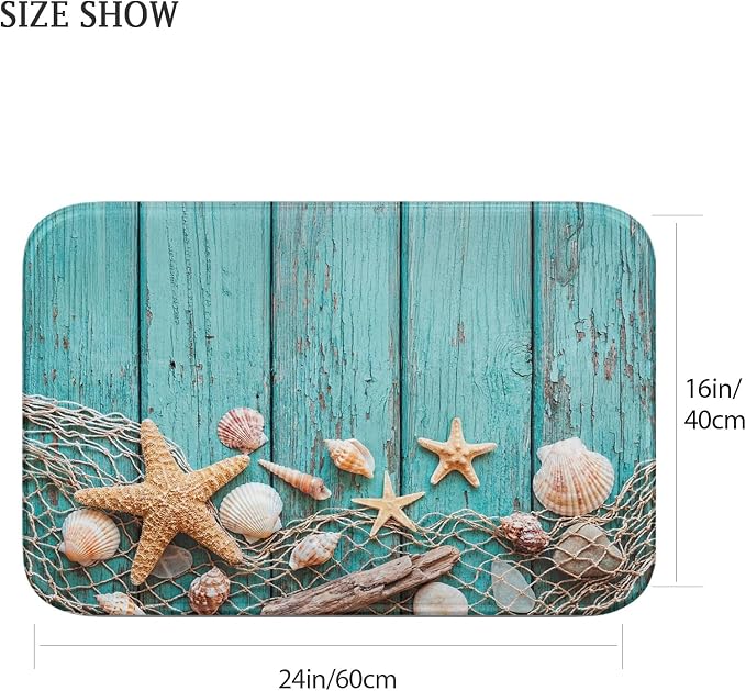 Britimes Bath Mat for Bathroom, Beach Seashells Starfish Sand Washable Cover Floor Rug Carpets Floor Mat Bathroom Decorations 18x30 Inches for Kitchen Bedroom Indoor