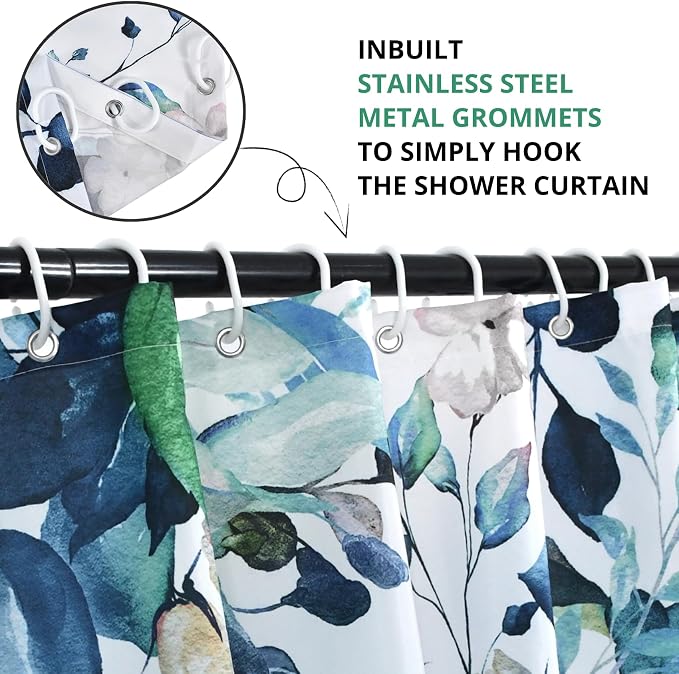 Eucalyptus Extra Long Shower Curtain, Watercolor Green Leaves Plant Floral Spring Nature Waterproof Fabric Machine Washable with Hooks for Bathroom Bathtub Decor 72Wx84H