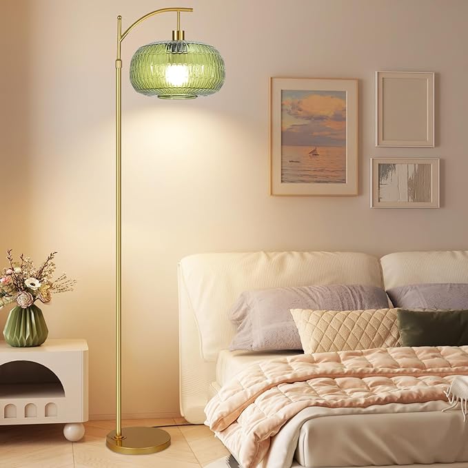 QIYIZM Glass Floor Lamp for Living Room,Bedroom,Gold Dimmable Standing Lamp with Remote,Green Mid Century Modern Brass Vintage Tall Lamp Floor Lamps Arc Boho Floor Light Lamp Bohemian