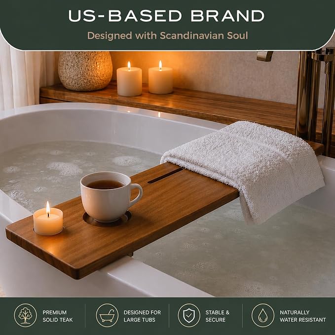 Teak Bathtub Tray for Tub 35” | Bath Tub Tray Wood for Large & Freestanding Tubs, Bathtub Trays for Tub, Bath Tray for Tub, Bath Table Tray | Grand Fjord by JapandiSpirit