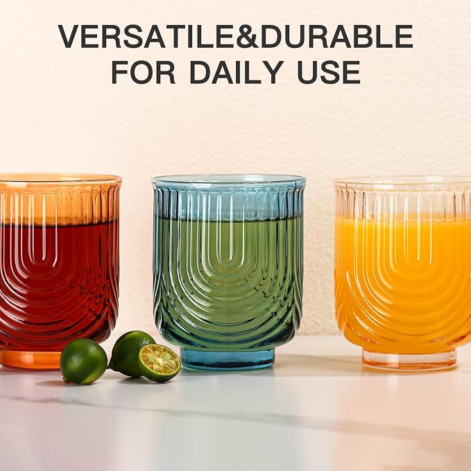 JOVGANK Colored Vintage Drinking Glasses Set of 6-14Oz Colorful Drinking Glasses, Art Deco Ripple Highball Glass, Whiskey Cocktail Glasses, for Bar Coffee Juice, Housewarming and Mother's Day Gift