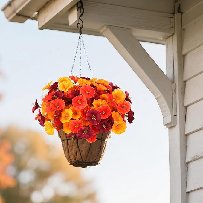 10Pcs Artificial Fall Outdoor Flowers Mums, Faux Silk Realistic Morning Glory Floral Arrangement Planter UV Resistant for Porch Patio Window Box Balcony Garden Decor (10, Fall 3 Colors)