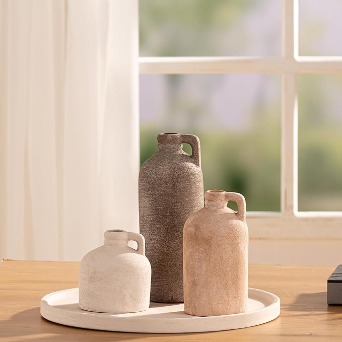 Ceramic Vase Home Table Decor - Flower Vase Set of 3 Living Room Kitchen Decorations Farmhouse Modern Rustic Vases Decorative Centerpiece for Shelf Bedroom Office Bathroom Dining Coffee Desk