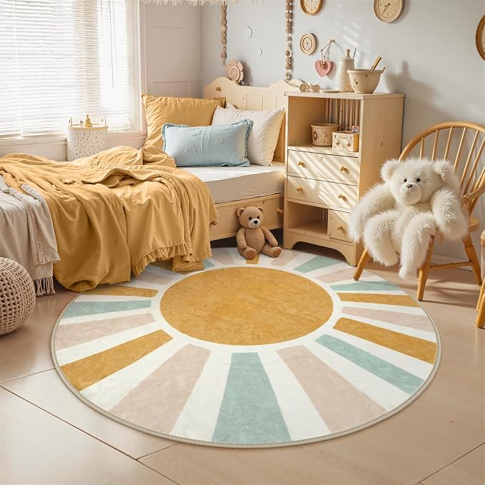 LIVEBOX Washable Boho Rug 6ft Large Round Rug for Nursery Room, Non-Slip Soft Throw Circle Rugs for Living Room, Colorful Rainbow Circular Rugs for Kids Room