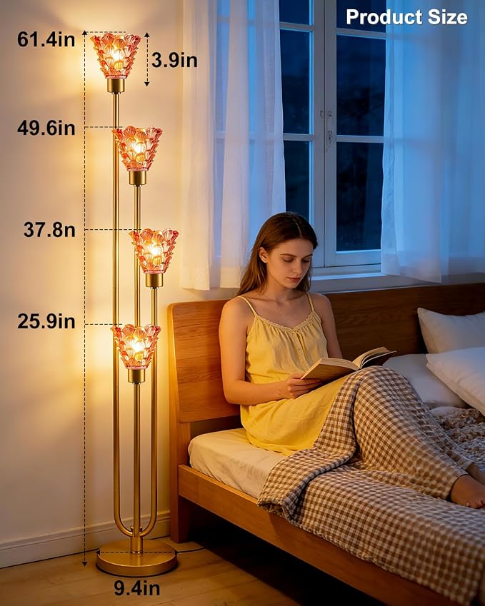4-Light Modern Glass Floor Lamp, Gold Tall Standing Lamp with Deep Red Flower Glass Shade, Dimmable LED Floor Lamp with Line Control &5Lbs Heavy Base for Living Room Bedroom, Bulb Included