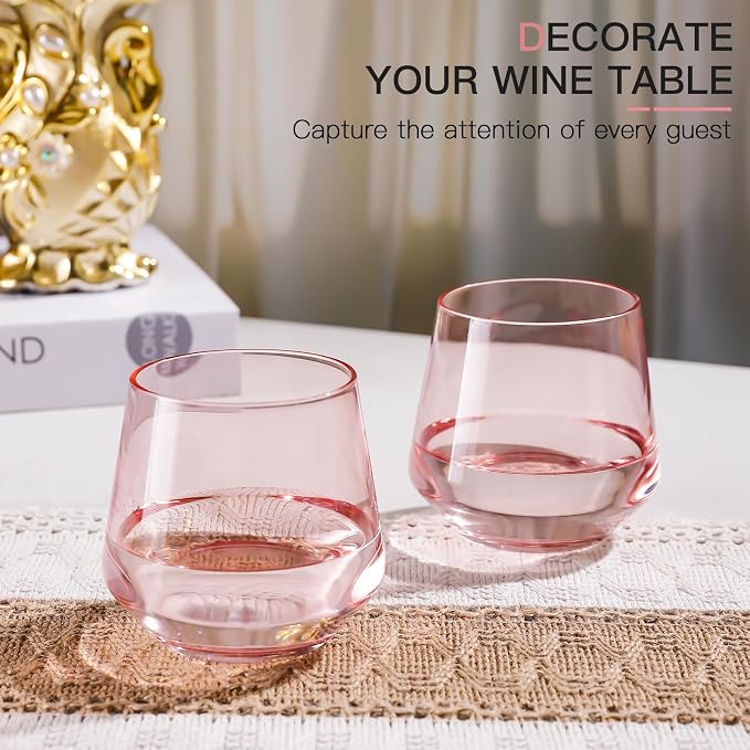 Pink Stemless Wine Glass Set of 6-14oz Wine Glasses, Stemless Drinking Glasses for Wine, Cocktails & Beverages - Elegant Glassware for Home, Bar & Holiday Use