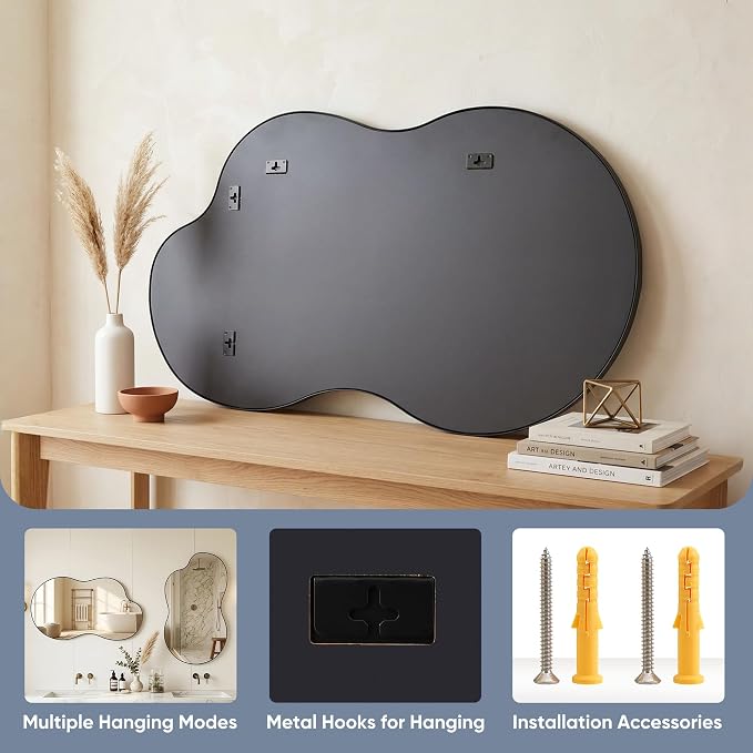 Irregular Wall Mirror, 26"x48" Asymmetrical Mirror with Metal Frame, Modern Unique Decorative Mirrors for Bathroom, Wall Decor, Entryway, Living Room, Black