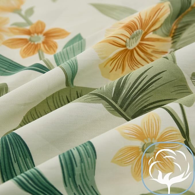 Bedding_Dreamer Green Floral Comforter Set Queen 100% Cotton Comforter Garden Style Bedding Flower Leaf Botanical Bed Chic Boho Home Decor