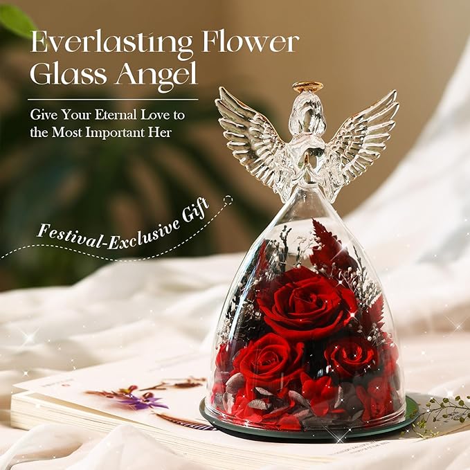 Christmas Roses Gifts for Mom,Preserved Real Flowers Roses in Glass Angel Figurines, for Grandma Women Mom Wife Mother in Law/Red