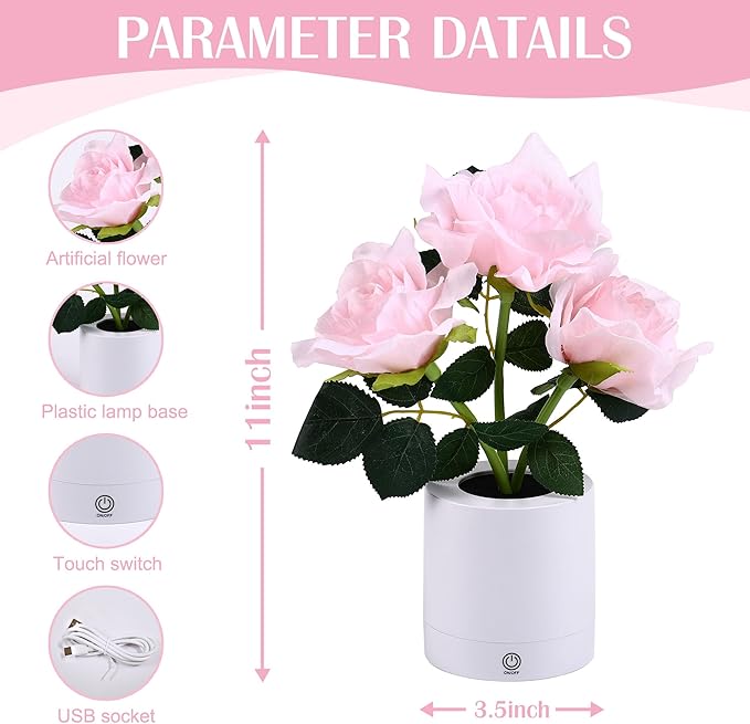 WSYEAR Pink Rose Flower Lamp, Christmas Day LED Artificial Flowers Gifts for Her Wife Girlfriend Small Table Lamp Night Light, Cordless Touch Lamp