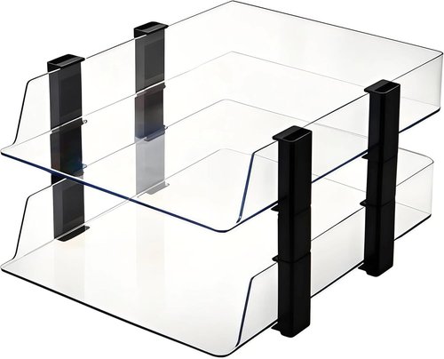 Clear 2-Tier Stackable Paper Tray Organizer - Transparent Desktop Document Sorter for A4/Letter Files