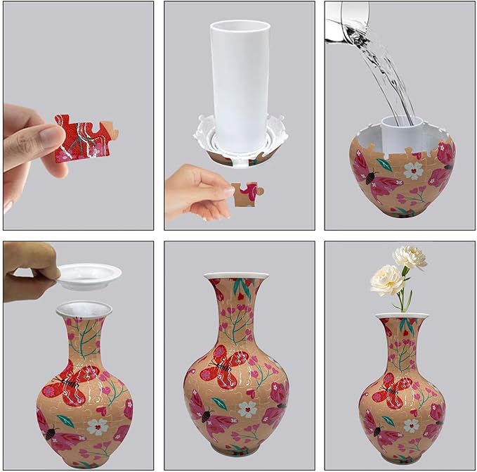 3D Puzzle Vase with LED Light, 164 Pieces Butterfly Floral Design – Durable Plastic 3D Jigsaw for Adults, Unique Gift & Decorative Light-Up Vase