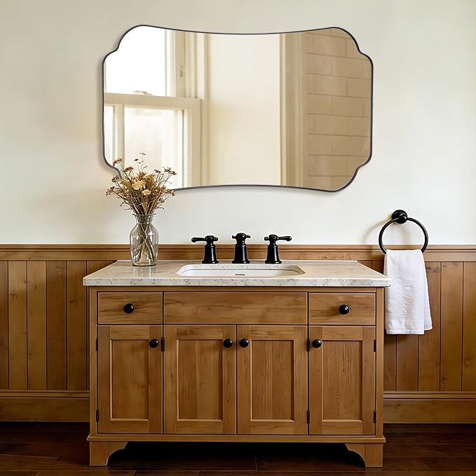 ANDY STAR Bathroom Vanity Mirror, 30x48 Matte Black Rectangle Mirror with Scalloped Round Corner, Unique Scalloped Edge Design Decorative for Powder Room