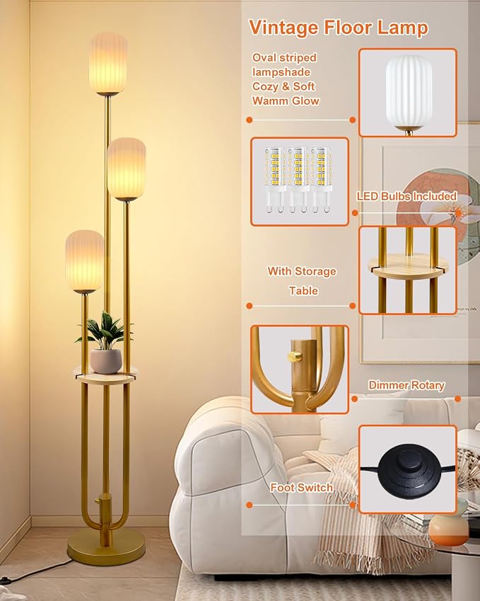 Floor Lamp for Living Room, Dimmable Vintage Floor Lamp with Shelf & LED Bulbs, 3 Light 3000K Soft Warmwhite Mid Century Standing Lamp, Tall Lamps with 5Lbs Heavy Base for Bedroom Office