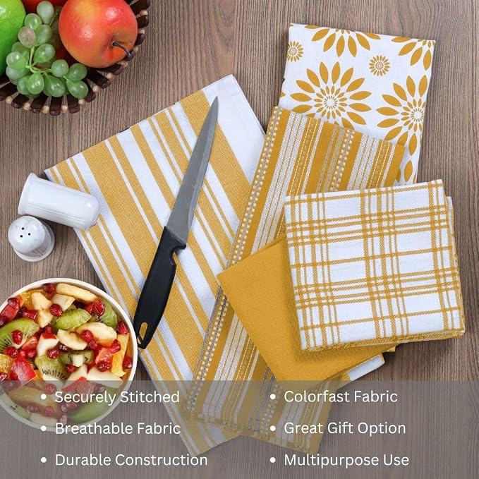 WeWove Assorted Kitchen Towels Set of 5 - 100% Cotton Dish Cloths Towels with Hanging Loop - Soft Absorbent Washable Reusable for Kitchen Use - Quick Drying 16x26 inch Dish Towels Mustard Yellow