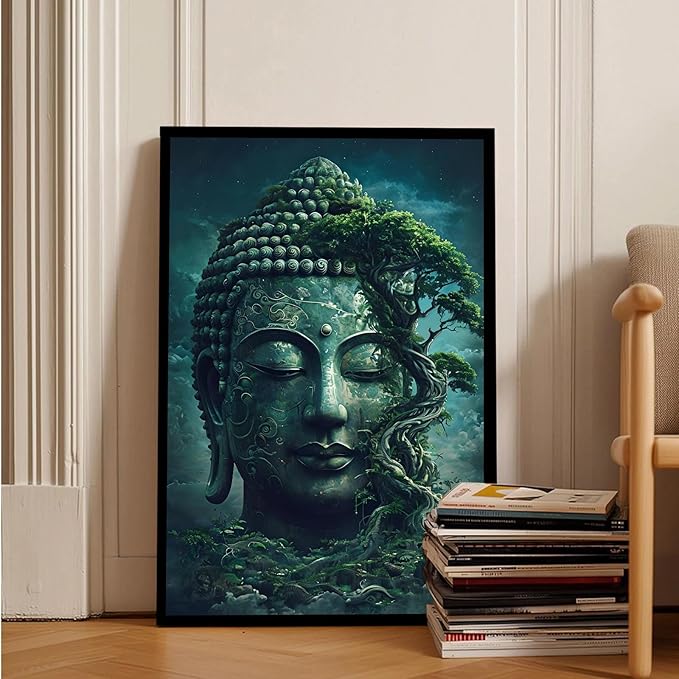 Buddha statue wall art canvas wall decor aesthetic picture mystical nature art for tranquil home and spiritual space 12x18in Metal blackFramed