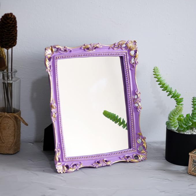 Funerom Vintage 11 x 9.5 inch Decorative Mirror, Wall Mounted & Tabletop Makeup Mirror ，Square (Lilac Purple)