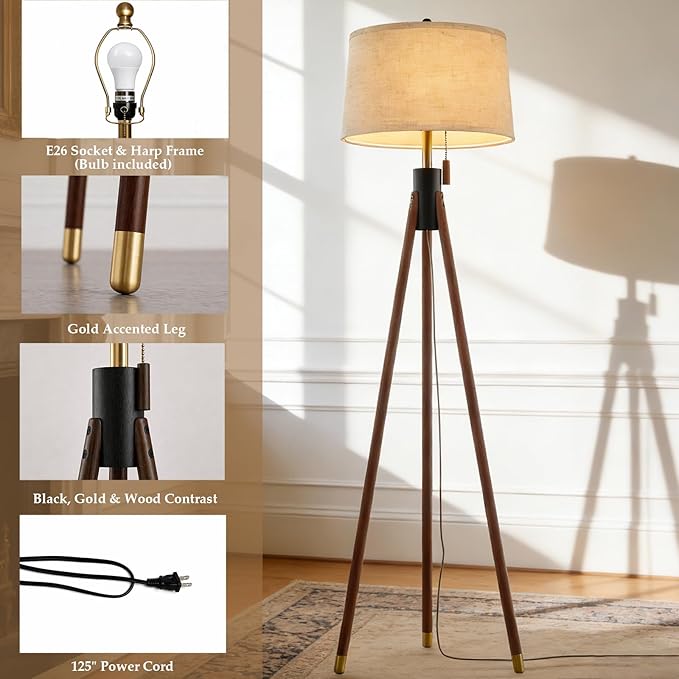 Mid Century Modern Tripod Floor Lamp, Gold Accented Two-Tone Solid Wood Floor Lamp with Black-Finished Solid Wood Center, Linen Shade & Pull Chain, Tall Lamp for Living Room Bedroom Reading Corner