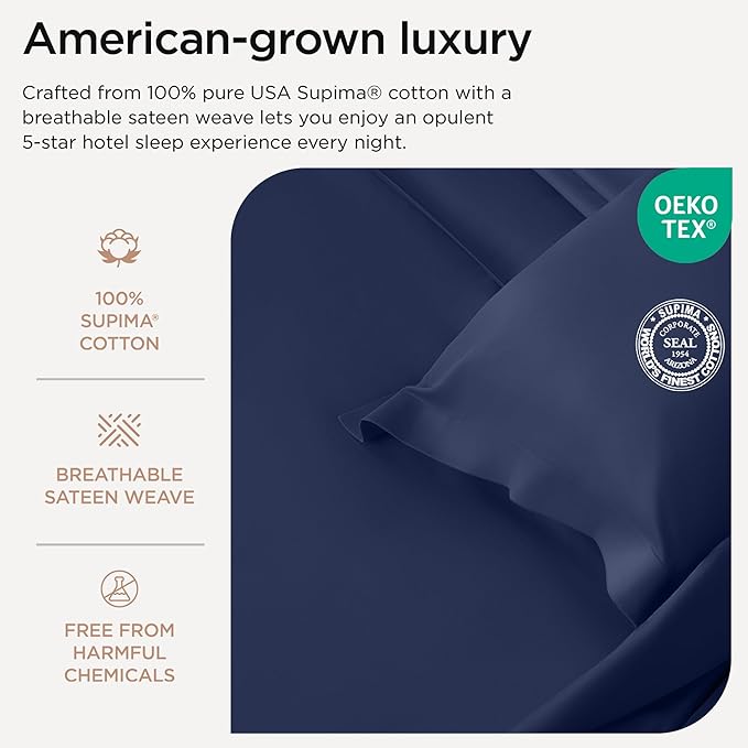 Threadmill California King Sheets, Certified American Supima Cotton Sheets, 1200 Thread Count Hotel Quality Sheet, 4 Piece Luxury Bed Sheet Set with Elasticized Extra Deep Pocket, Folkstone Blue