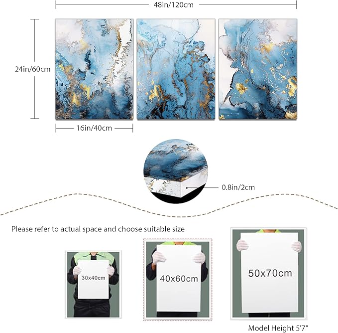 SERIMINO Blue Abstract Canvas Wall Art for Living Room, Navy and Gold Fluid Marble Wall Decor for Bedroom, Bathroom, Office, Home Decor, Set of 3 Print Painting, 16"X24"