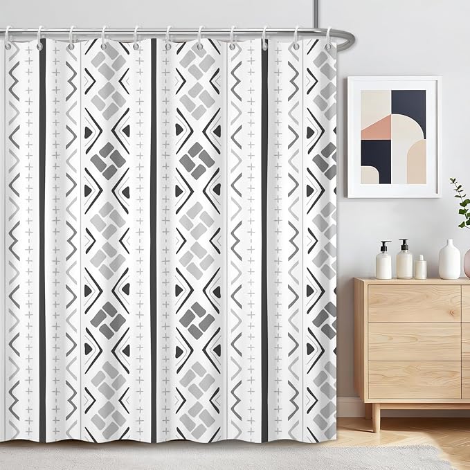 Boho Geometric Grey Shower Curtain, Modern Abstract Vertical Striped Shower Curtains for Bathroom with Hooks, Hotel Style Waterproof Fabric Shower Curtain Set, Weighted Hem, 72x72 Inches