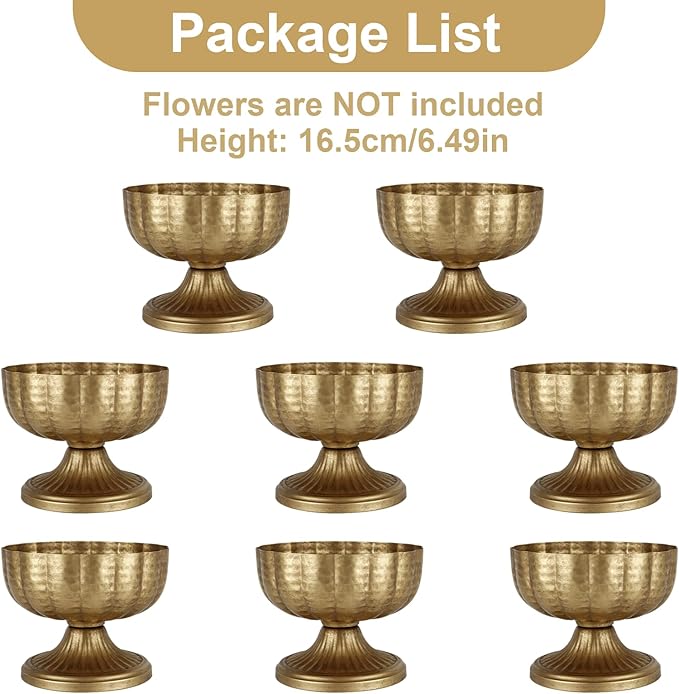 Retro Gold Vases for Centerpieces Set of 8 Brass Metal Vases for Flowers Decorative Pedestal Bowl for Table Centerpieces Floral Arrangments on Housewarming Wedding Party