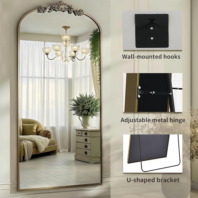 Dewfig Arched Full Length Mirror, 71"x32" Full Body Mirrors with Carved, Floor Mirror for HomeDecor, Standing/Halling Large Wall Mirror for Bedroom, Living Room, Cloakroom, Bronze, Retro Style