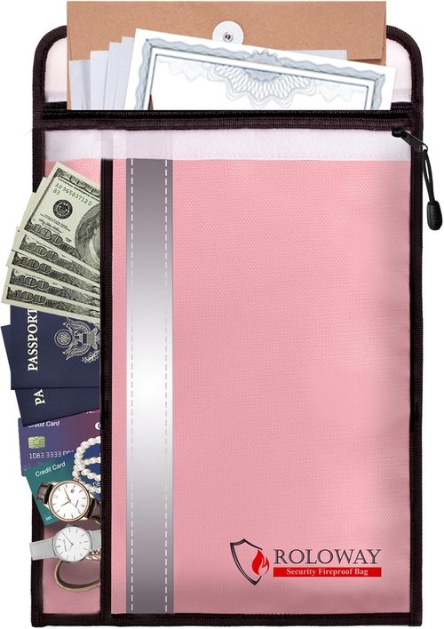 ROLOWAY Fireproof Document Bag - Waterproof Zipper & 2 Pockets | 15 x 11 Inch Pink Fire Safe Envelope for Cash & Legal Documents