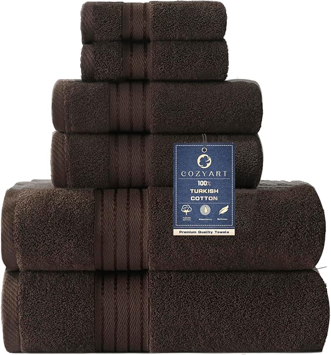 COZYART Brown Bath Towel Set, Cotton Hotel Large Towel Bulk for Bathroom, Thick Bathroom Sets of 6 with 2 Bath Towels, 2 Hand Towels, 2 Washcloths, 650 GSM