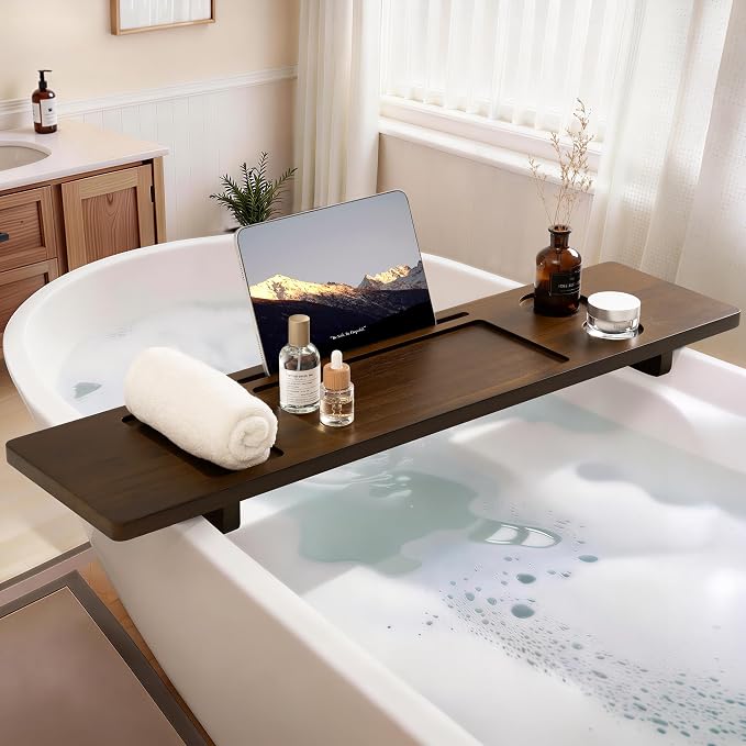 Teak Bathtub Tray - Wood Bath Caddy Tray 35" for Large Tubs - Adjustable Bathtub Table Trays - Luxury Shower Organizer for Home Spa Relaxation and Reading - Dark Walnut Color