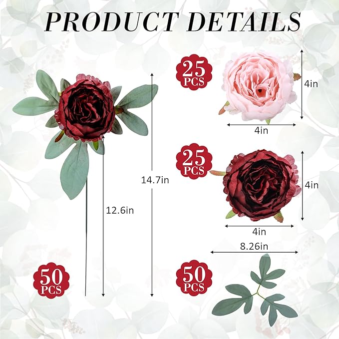 Zeyune 50Pcs Wedding Artificial Peonies 4 Inch Fake Silk Peony Faux Artificial Valentine Flower Bulk Rose Flower Head for Valentine Decoration Vintage Wedding Home Office (Burgundy and Pink)