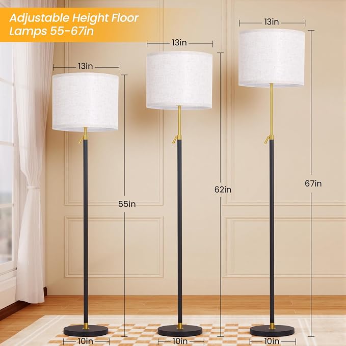 Floor Lamp for Living Room and Bedroom - 55"- 67" Height Adjustable Standing Lamp with 3 Color Dimmable 12W LED Bulb and Remote - Tall Stand Light with Shade for Corner Lighting ( Black & Gold )