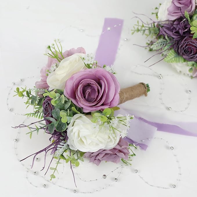 Bridesmaid Bouquets for Wedding 1 Pack - 9 Inch Artificial Flowers Bouquets for Ceremony Anniversary Centerpieces Decorations - Dusty Purple