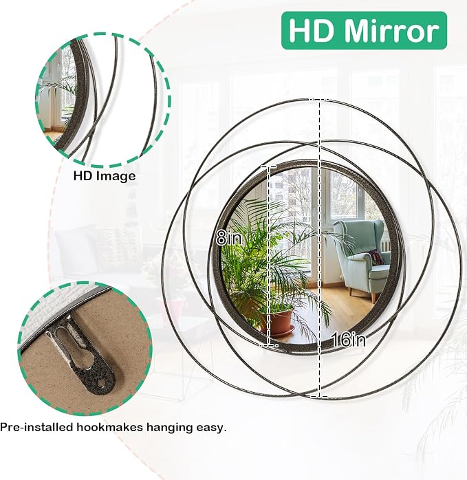 Circle Mirror Wall Decorative Metal Mirror Art Small Round Wall-Mounted Mirror Home Wall Decor for Bedroom Living Room Bathroom Entryway 16” x 16”