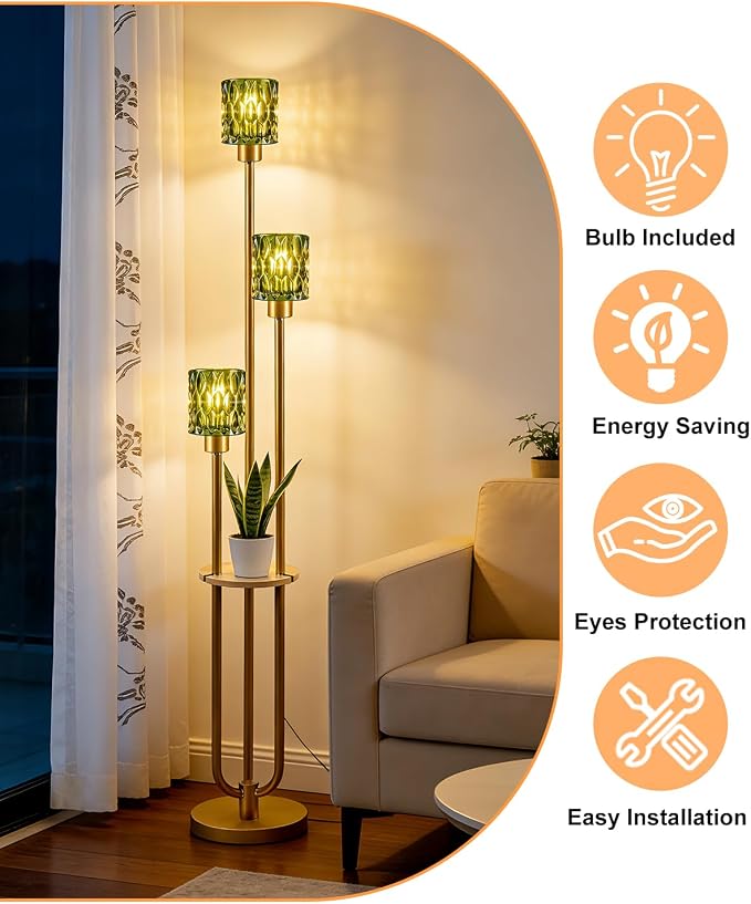 62IN Gold Floor Lamp with Green Glass Shade 3-Lights Mid-Century Modern Farmhouse Floor Lamps with 3000K Warm White Bulbs, Tall Standing Lamp 5Lbs Heavy Base for Living Room/Bedroom/Corner