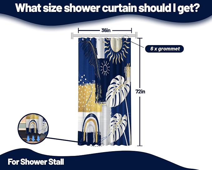Small Stall Narrow Shower Curtain Blue and White Stand Up Abstract Navy Blue and Gold Boho Shower Curtains for Rv Camper Bathroom Decor Sets, Waterproof Cloth Fabric with Hooks, 36 x 72 Inch