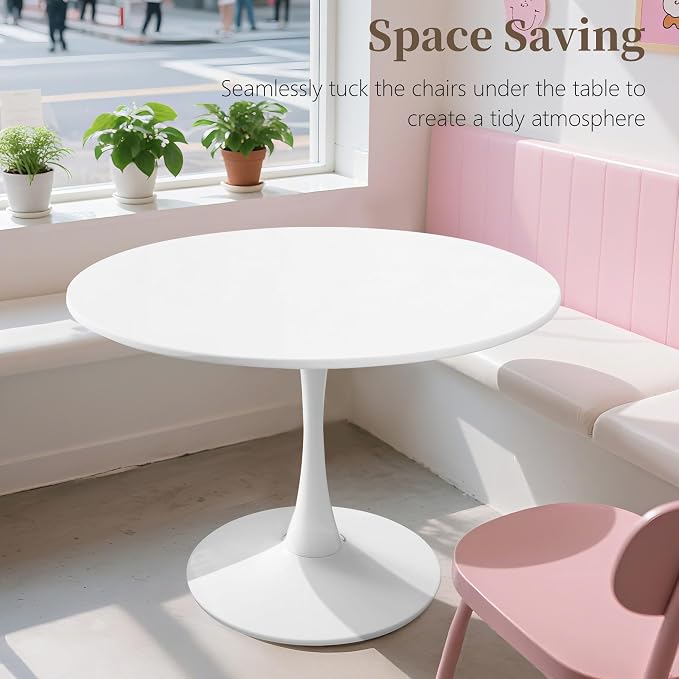 42" Tulip Table for 4-6 Persons Modern Round Dining Room Table, Mid-Century Modern White Small Kitchen Table with MDF Wooden Top, Leisure Coffee Table for Living Room, Dining Room, Office