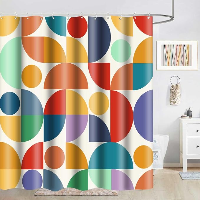 Vintage Colorful Rainbow Mid Century Shower Curtain Modern Abstract Geometric Art Bathroom Curtain Decor 72x72 Inch Washable Fabric Bright Retro Boho Circle Patterned Bath Curtain with 12 Hooks