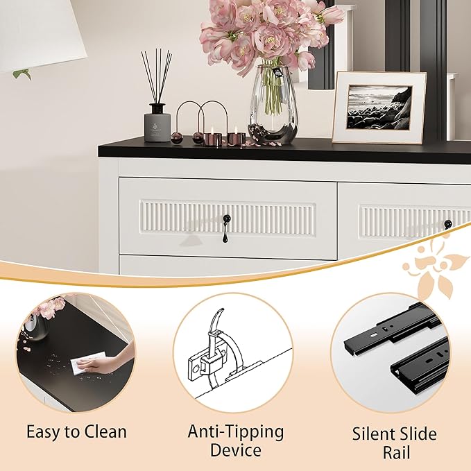 White Dresser for Bedroom Modern: 47" Fluted 6 Drawer Dresser for Closet, Wide Wooden Bedroom Chest of Drawers, Deep Wood Dressers & Chests of Drawers(White)