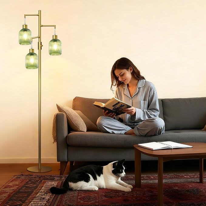 Modern Floor Lamps for Living Room, Glass Standing Lamp with Green Shade, Dimmable Ribbed Glass 3 Lights Floor Lamps, Mid Century Tall Lamp for Bedroom, 3 Bulbs Included