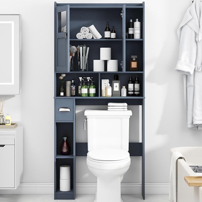 Vabches Over The Toilet Storage Cabinet, Bathroom Shelf Over Toilet with Glass Doors and Adjustable Shelves, Navy Blue Freestanding Home Space Save Toilet Rack, for Restroom, Bathroom, Laundry