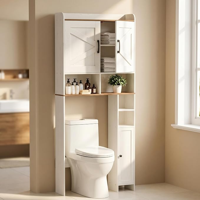 Homhedy Over The Toilet Storage Cabinet with 2 Barn Door and Toilet Paper Holder Stand, FreeStanding Toilet Shelf Space Saver, for Bathroom, Restroom, Laundry, Rustic White and Brown