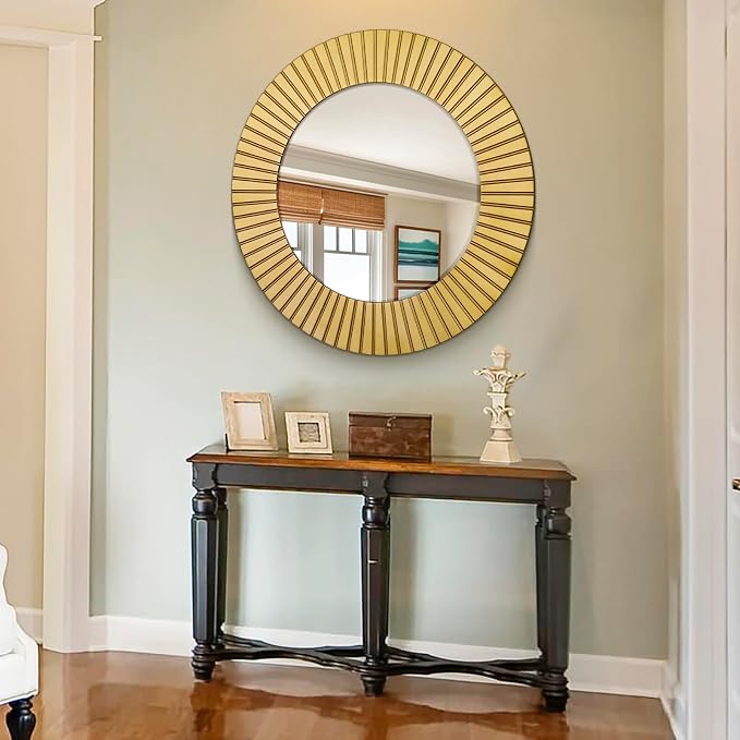 Chende Round Gold Mirror, 36'' Large Decorative Mirror for Wall with Wood Frame, Elegant Accent Gold Mirrors for Living Room, Entryway, Bathroom